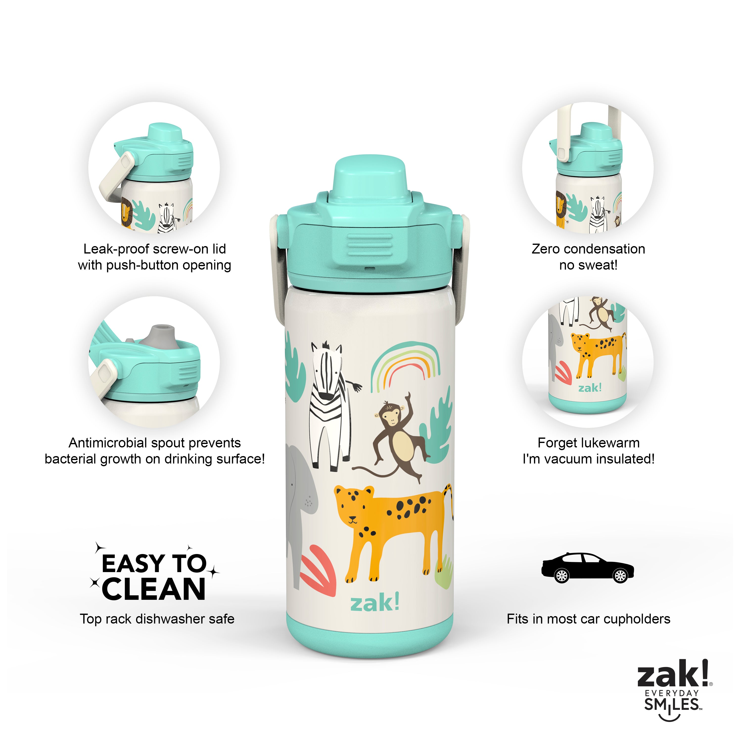 Zak Designs 14oz Stainless Steel Kids' Water Bottle with Antimicrobial  Spout 'Safari