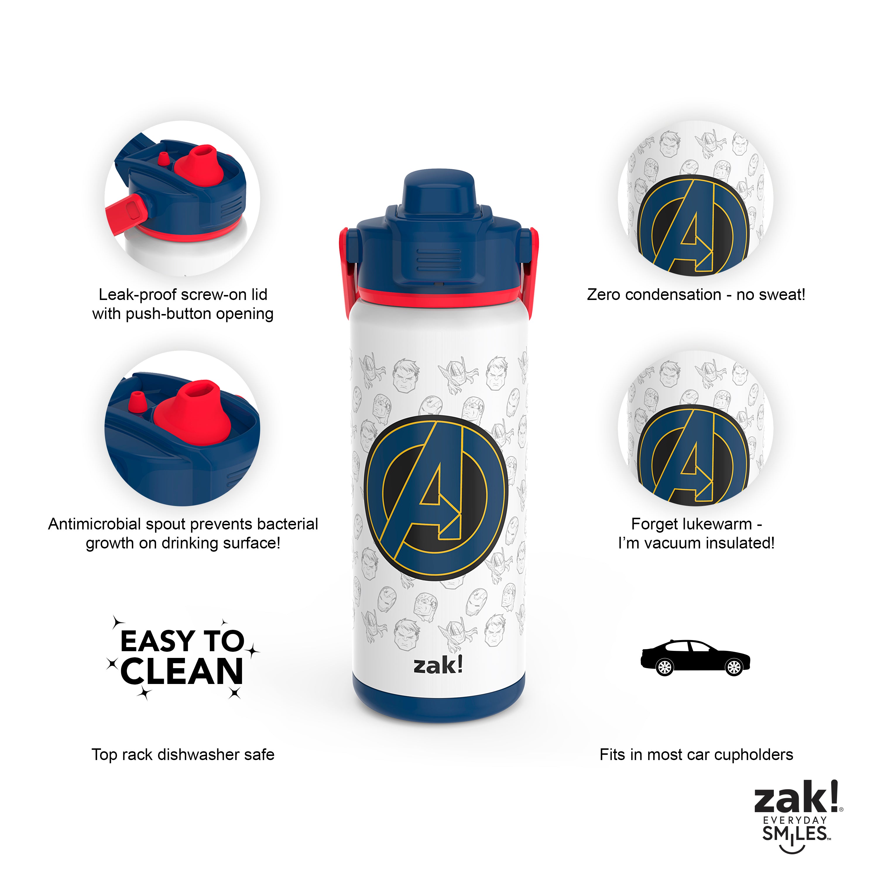 Zak Designs 14 oz Kids Water Bottle Stainless Steel Vacuum Insulated for  Outdoor, Marvel Avengers