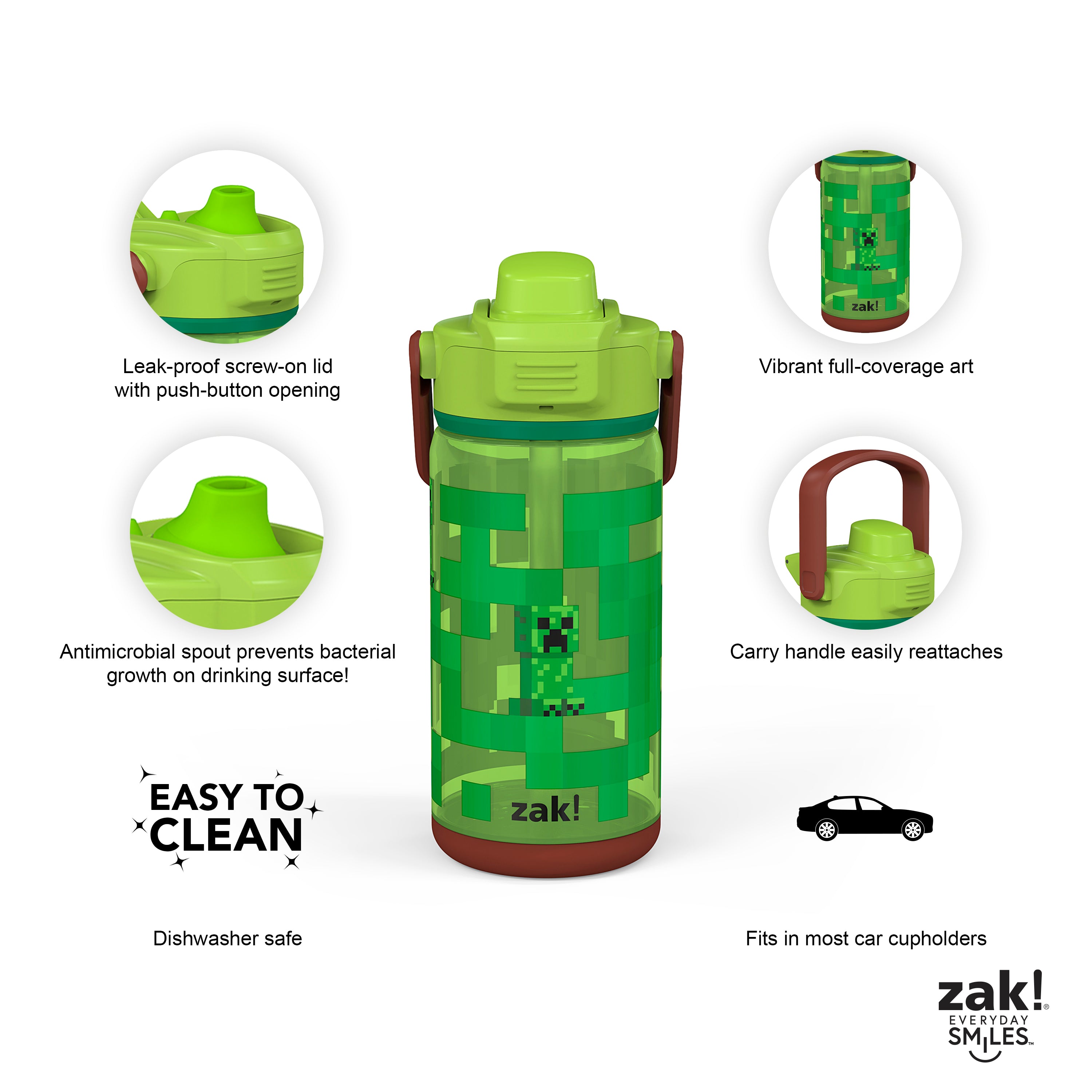 Zak Designs Kids Durable Plastic Spout Cover and Built-in Carrying Loop, Leak-Proof Water Design for Travel, 16oz, 2pc Set, Minecraft Bottle 2pk