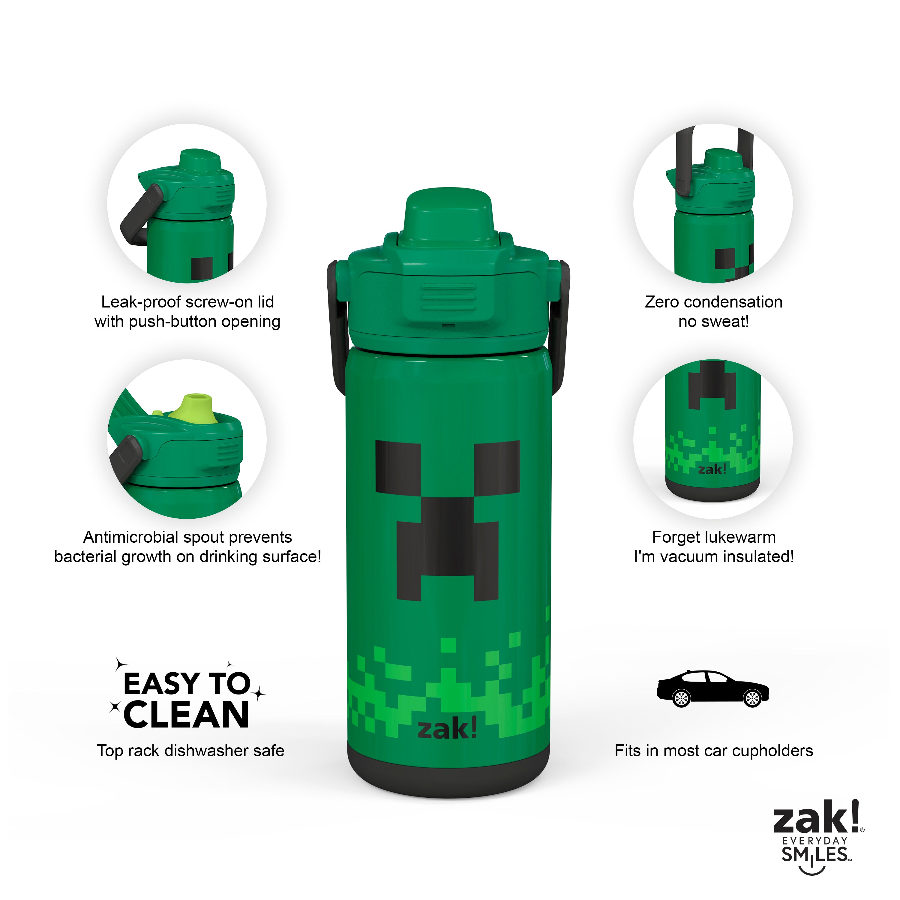 Minecraft THERMOS & Water Bottle Set Of 2, Green, Black, Creeper Themed