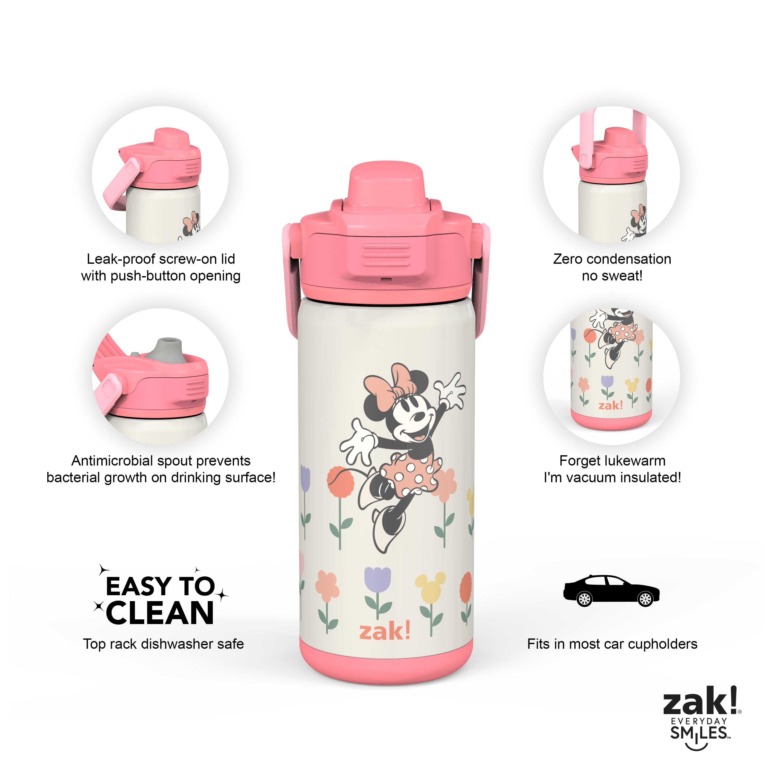 Zak Designs 14oz Stainless Steel Kids' Water Bottle with Antimicrobial Spout 'Disney Mickey Mouse