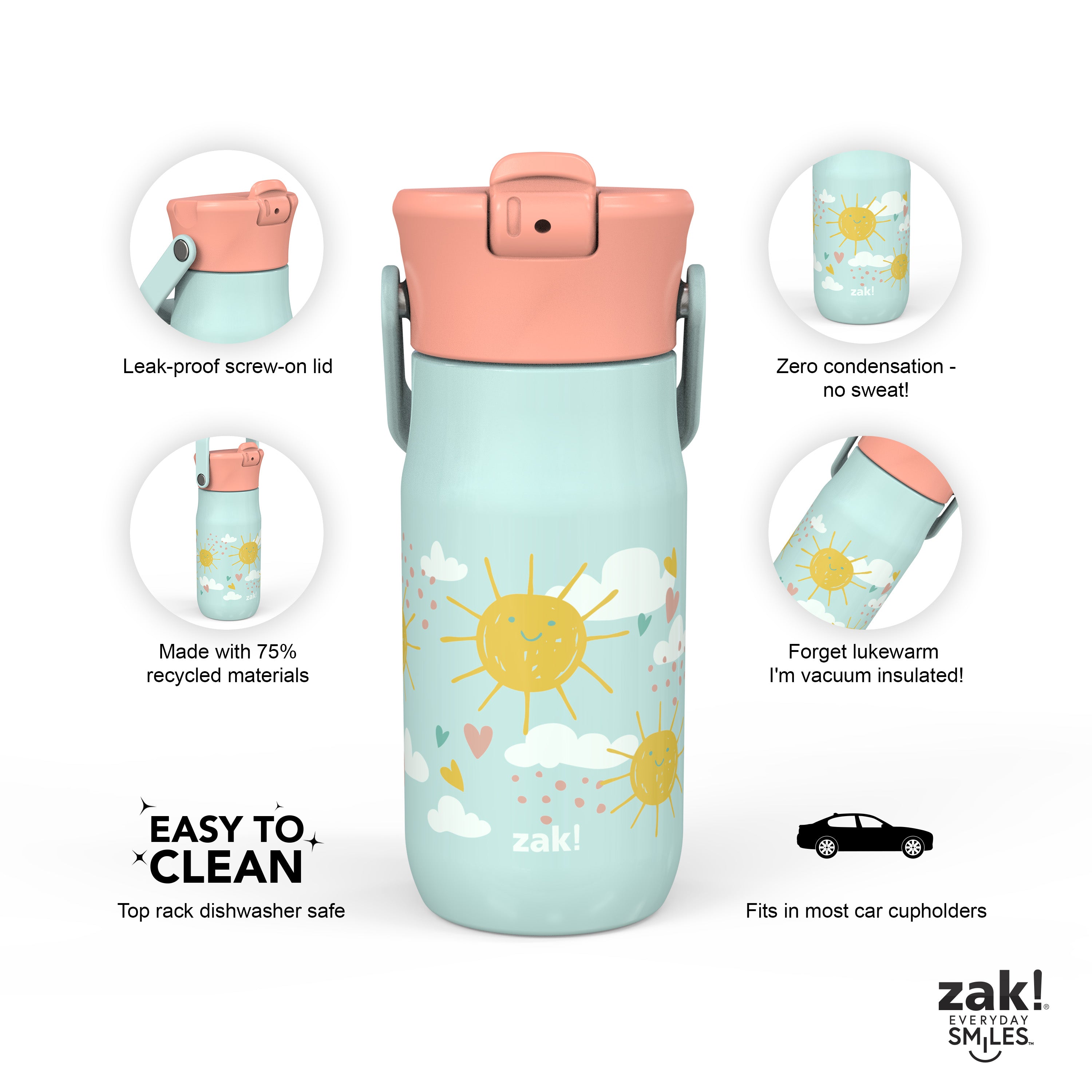 Zak Designs 14 oz Kids Water Bottle Stainless Steel Vacuum
