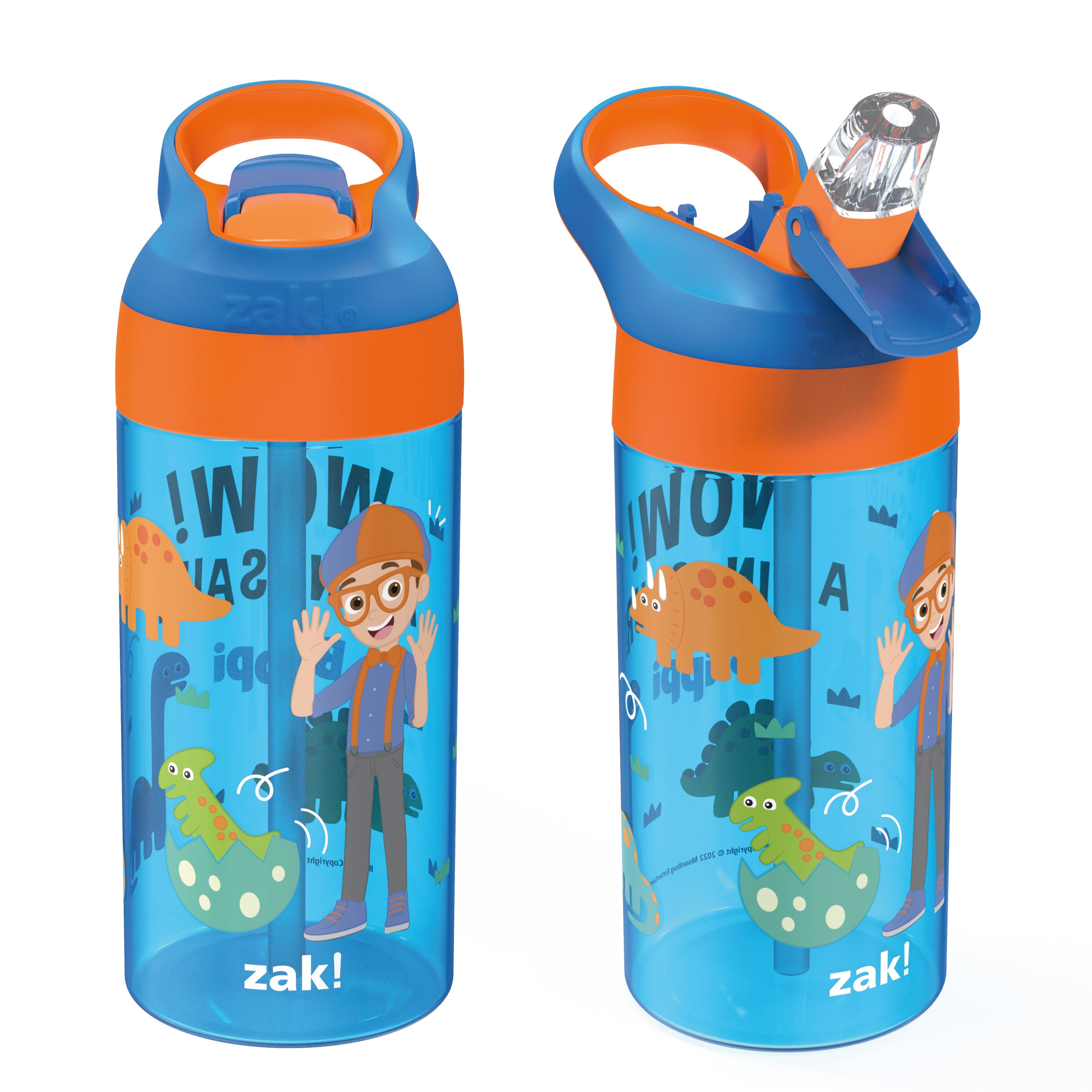 Zak Designs Blippi 14 oz Double Wall Vacuum Insulated Thermal Kids Water Bottle, 18/8 Stainless Steel, FlipUp Straw Spout, Locking Spout Cover