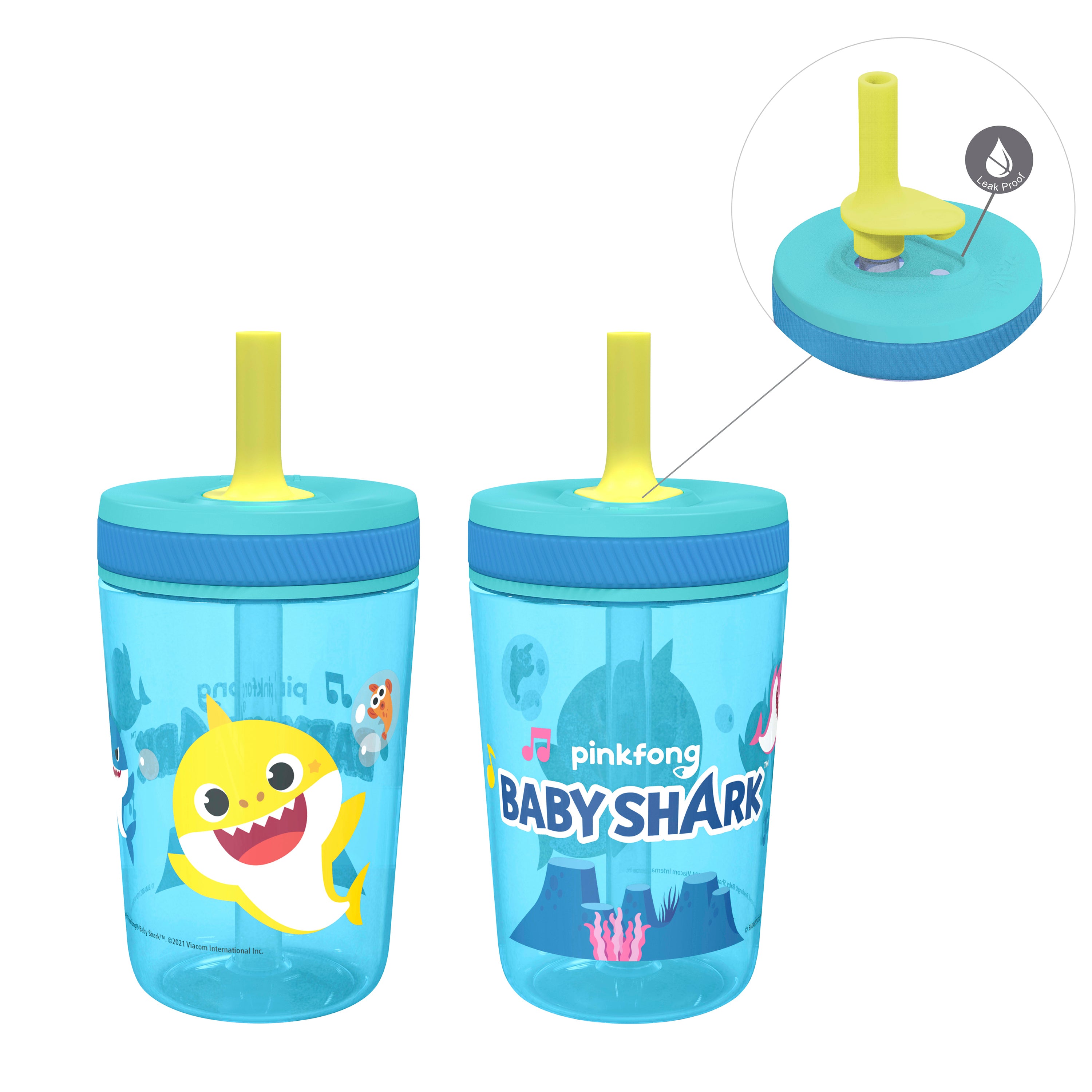 Zak Designs 15 oz Travel Straw Tumbler Plastic and Silicone with Leak-Proof Straw Valve for Kids, 2-Pack Baby Shark, Size: 15 fl oz, Blue